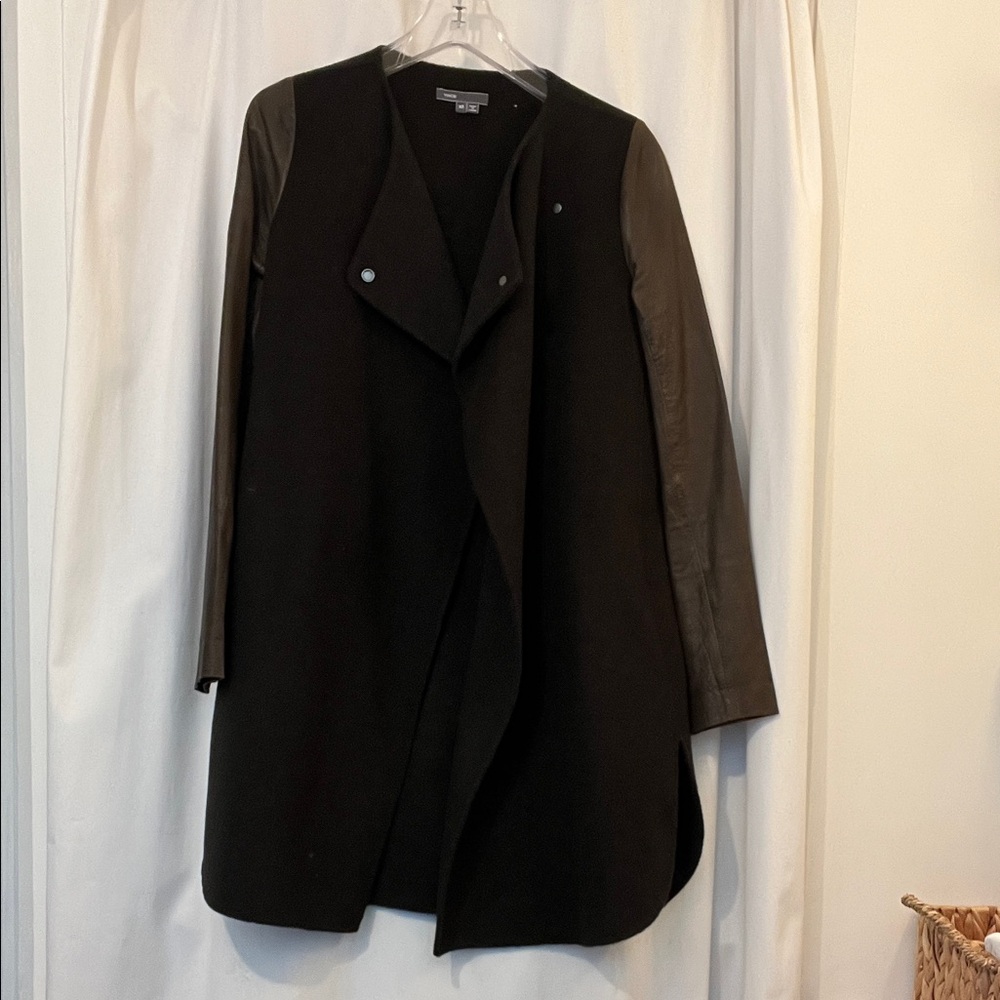 Vince - Olive Green Women's Coat with Leather Sleeves